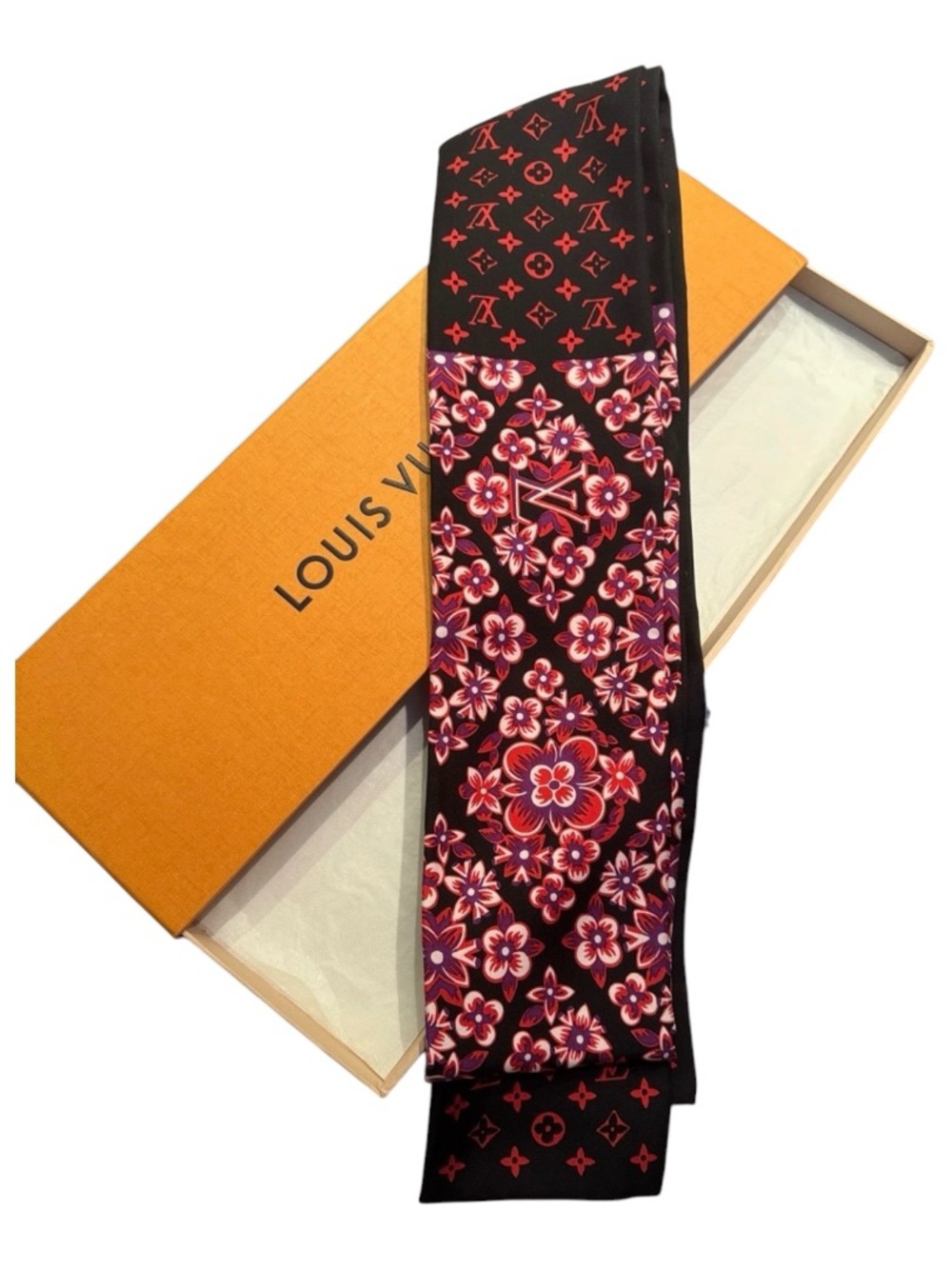 Louis Vuitton Silk Twilly Scarf Black Red Floral Monogram Bandeau